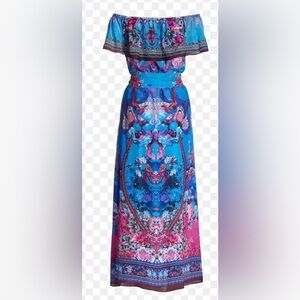 NWT Boston Proper Embellished Blue w/Pink Floral Maxi Dress w/Belt Camilla Vibe